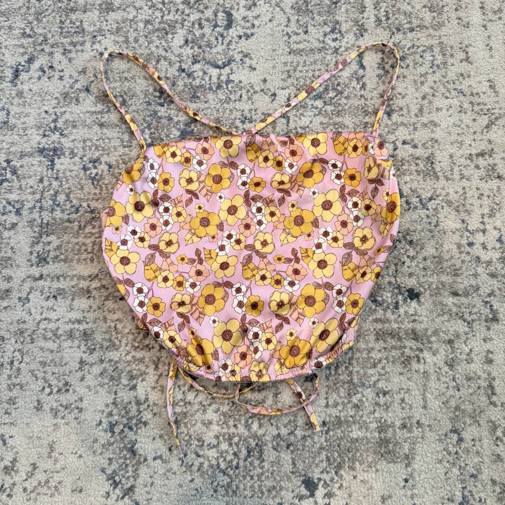 Out From Under Urban Outfitters Pink Floral Satin Corset Crop Top Small